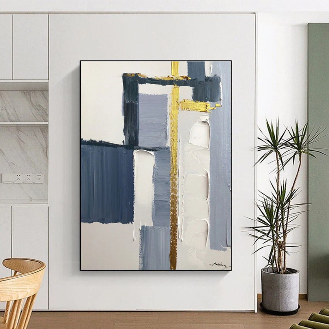 “Grey - Blue Geometry with Gold Accents”,Abstract Geometric Oil Painting CT0514