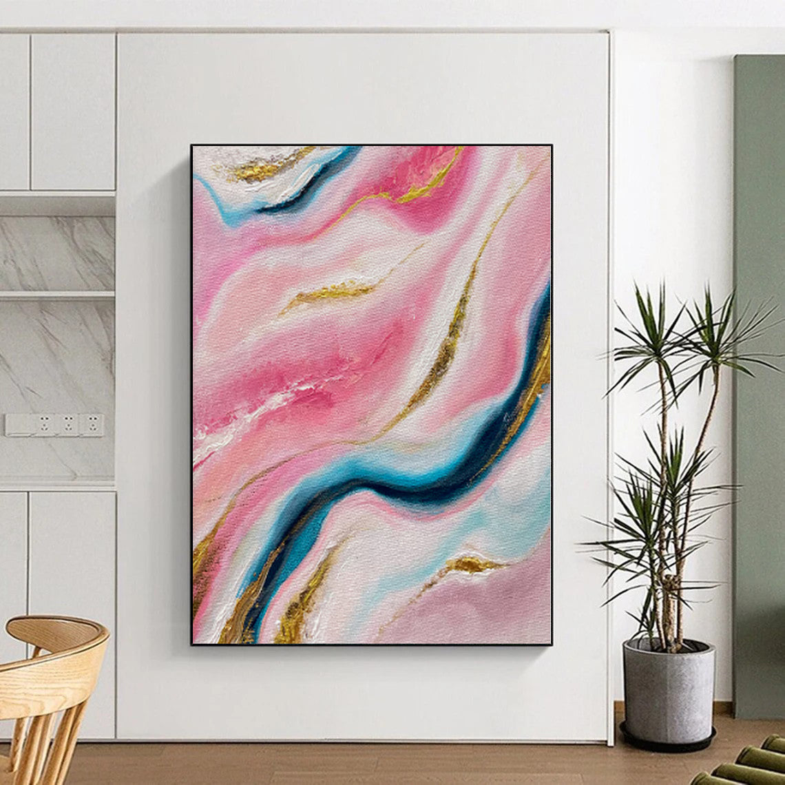 “Pink Marble Gold Veins” - Abstract Painting with Pink, Blue, White, Gold Swirls CT0029