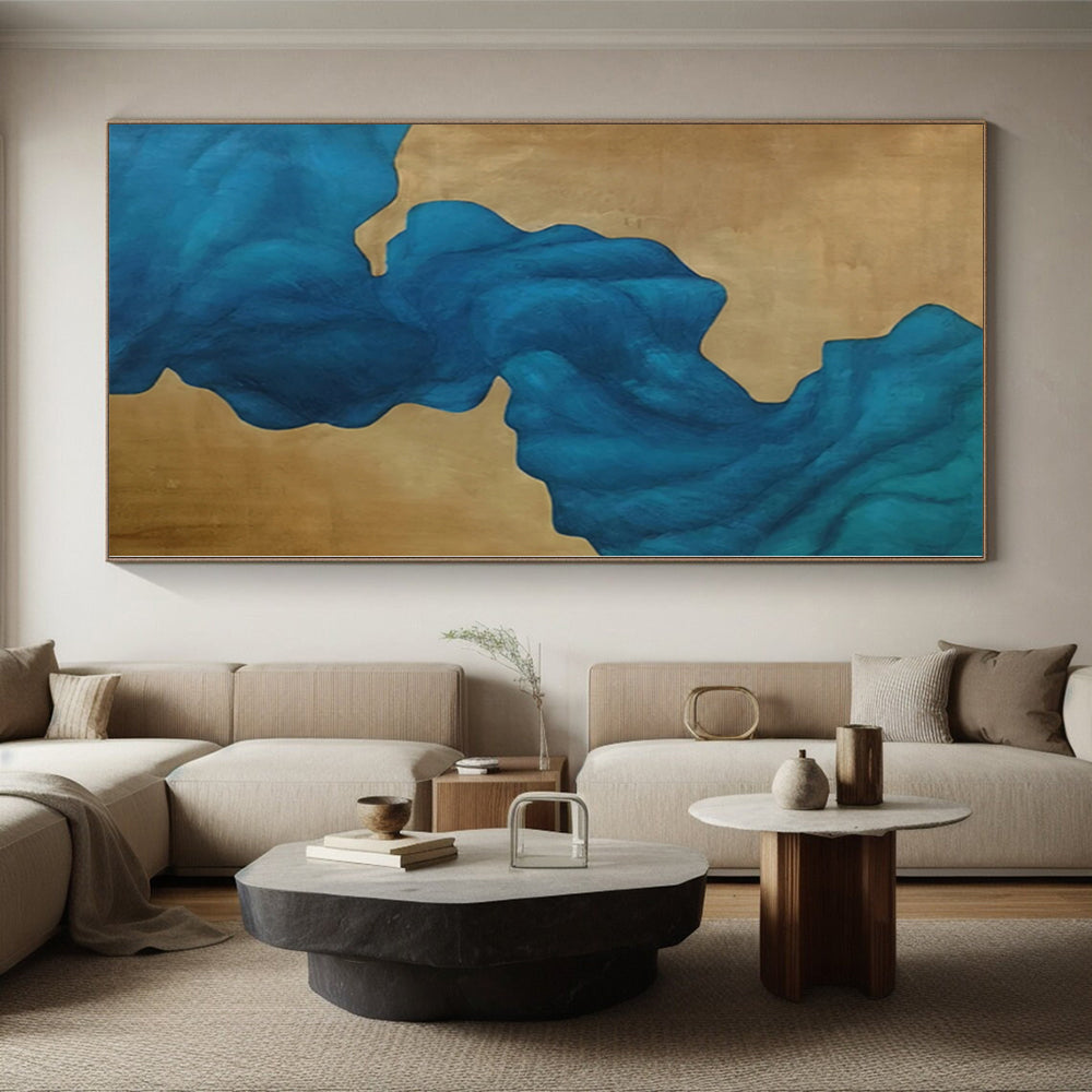“Fluid Blue on Gold” Abstract Acrylic Art CT0343