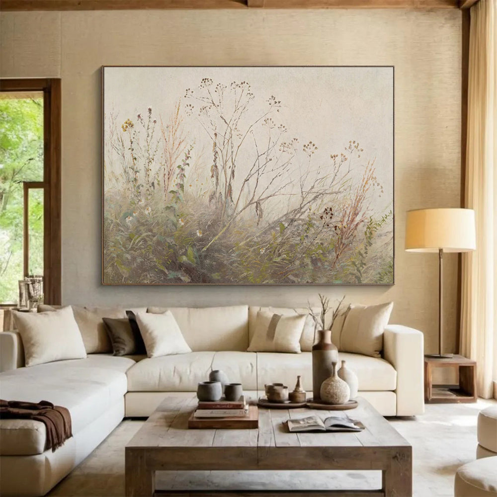 “Autumn Weeds” - Muted greens, browns, whites; delicate, faded plants in a gentle landscape CT1487