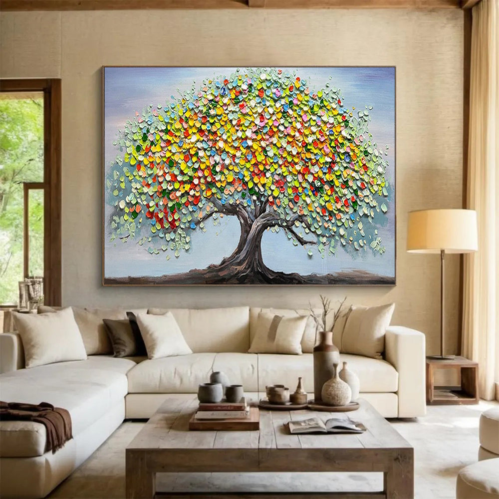 “Colorful Tree of Life” - A tree with a dark trunk and a canopy made of colorful, textured circles; set against a light blue sky CT1537