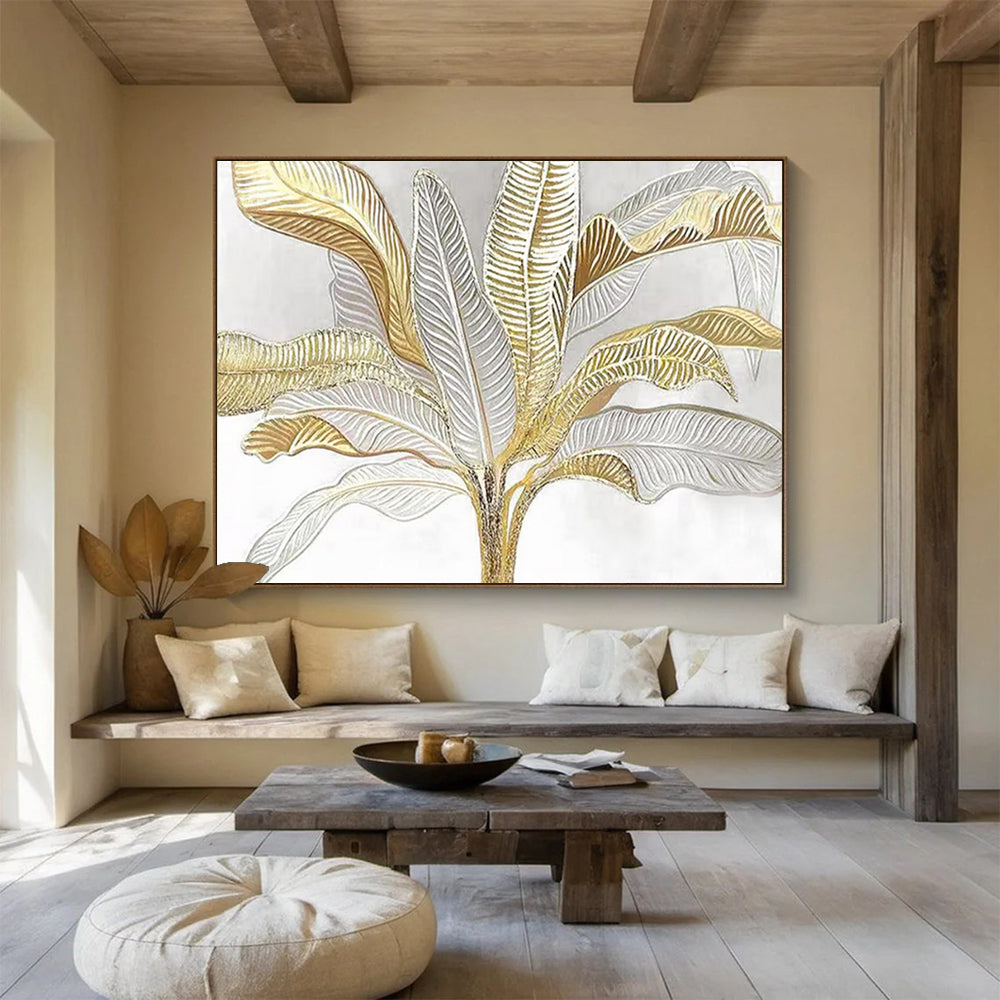 “Gilded Tropical Leaves” - Gold, silver, white; painted leaves with a metallic look CT1560