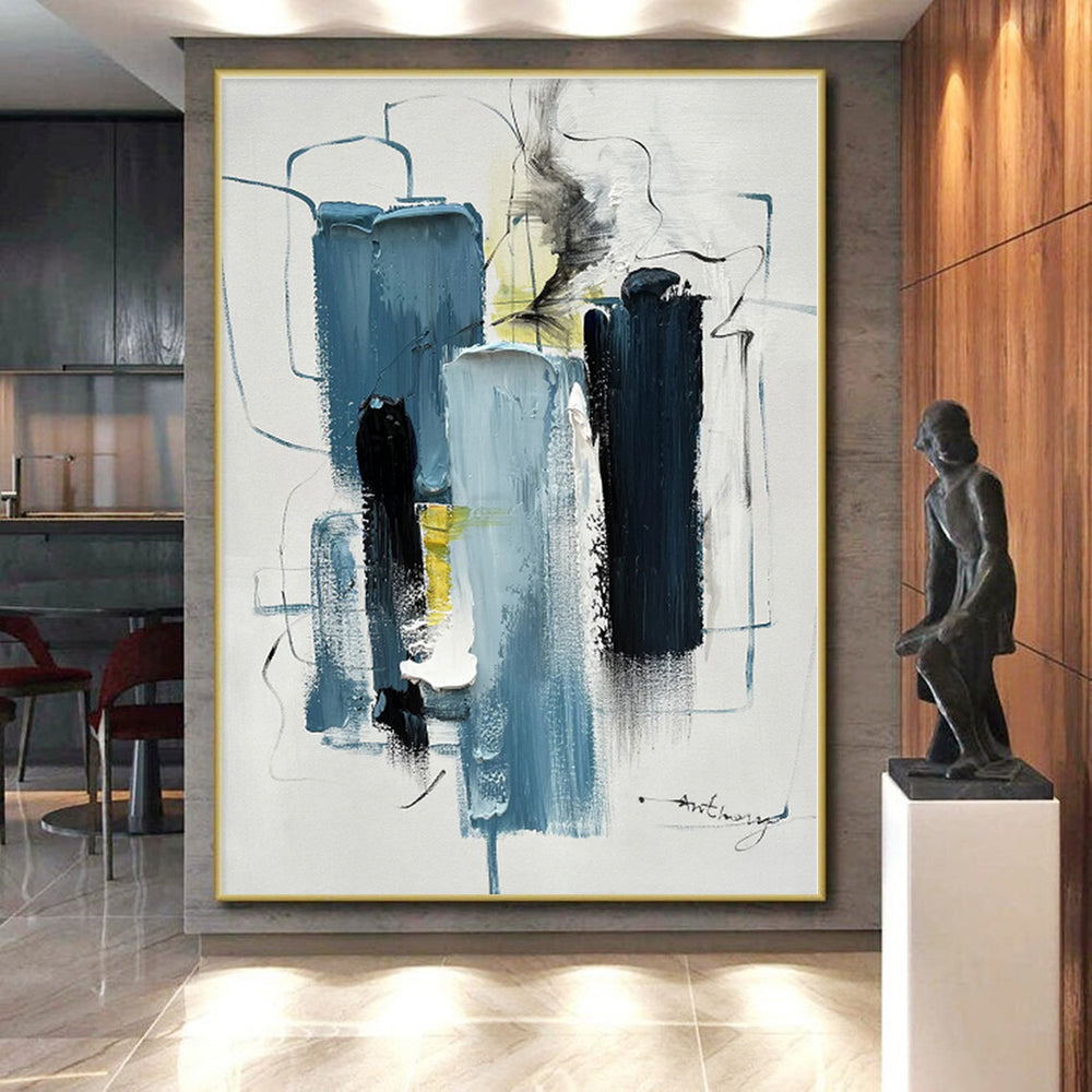 “Blue - Toned Abstract Forms with Lines”,Abstract Contemporary Acrylic Painting CT0516