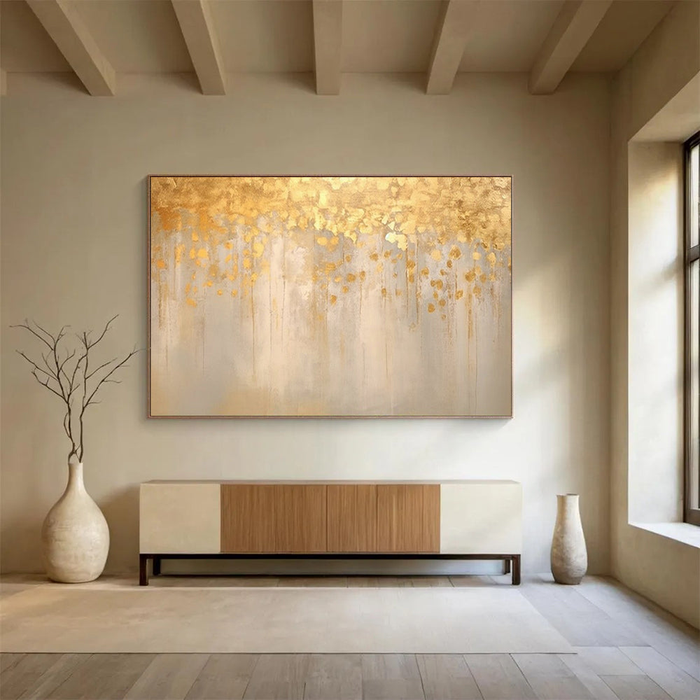 “Golden Drizzle” - Shades of gold, beige, and light gray; golden paint drips and spots on a muted background CT1535
