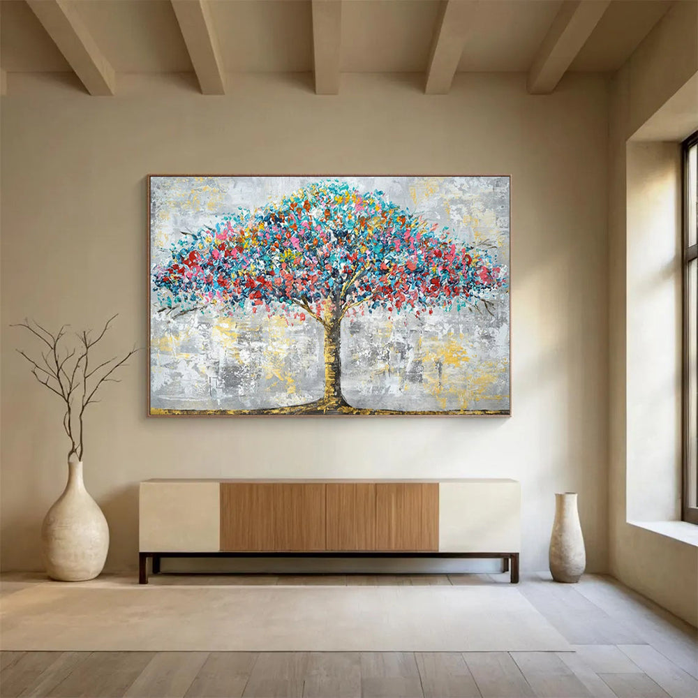 “Colorburst Tree of Life” - Blues, reds, pinks, yellows; vibrant, textured tree against a muted background CT1598