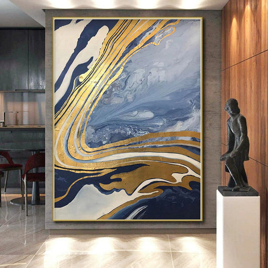 “Gold - Streaked Blue Swirls”,Marble - Inspired Abstract Resin Art CT0564