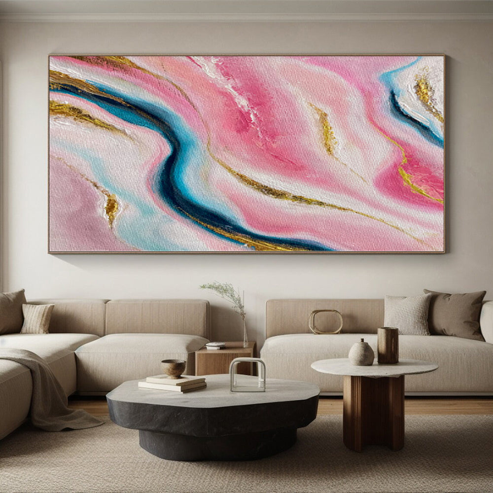 “Pink Marble Gold Veins” - Abstract Painting with Pink, Blue, White, Gold Swirls CT0029
