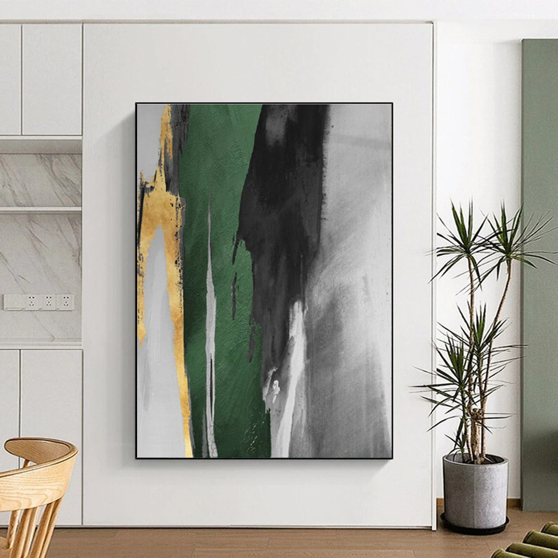 “Green - Black - Gold Dynamic Strokes”,Abstract Expressionist Art CT0637