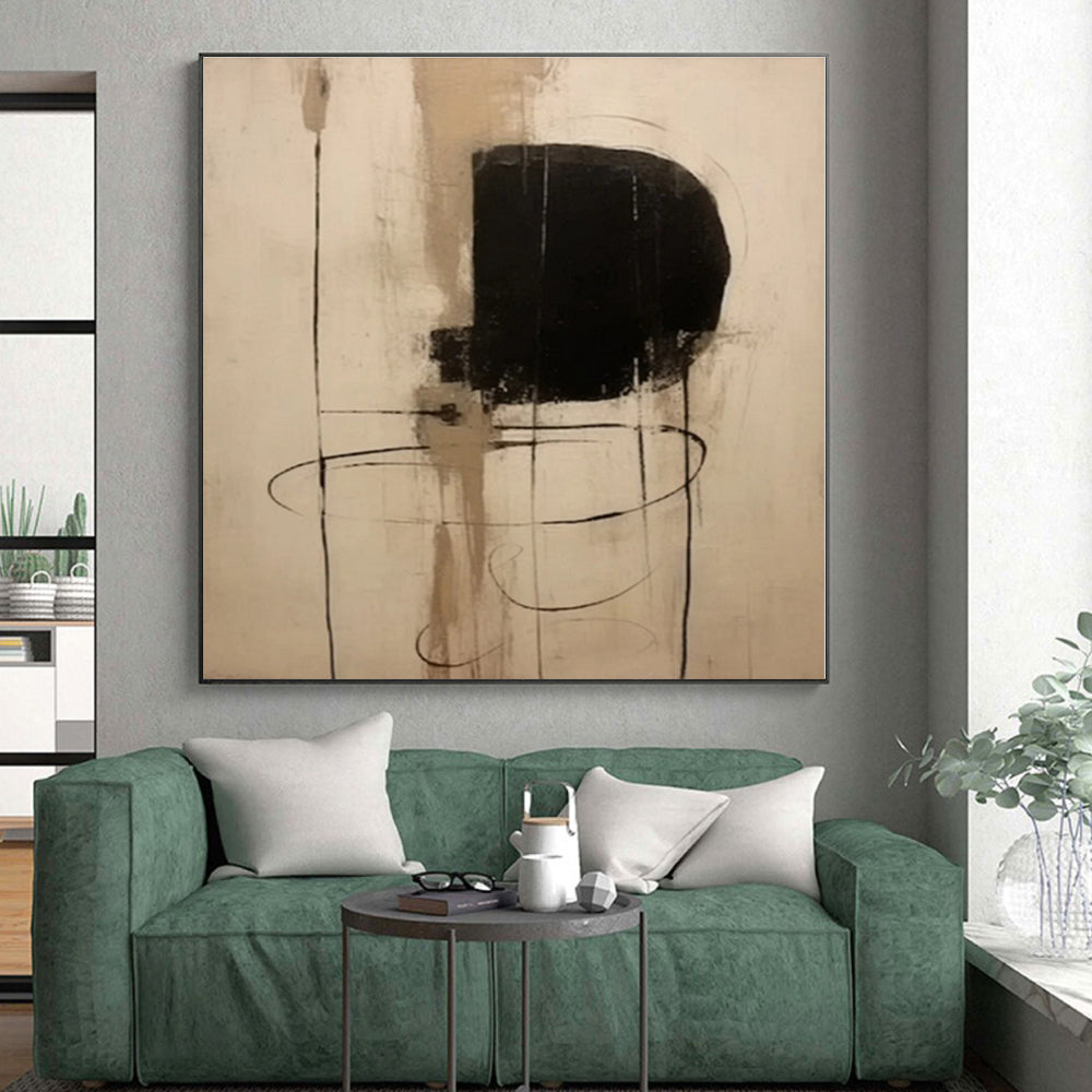 “Minimalist Black and Beige Forms”,Abstract Line - Driven Acrylic Painting CT0526