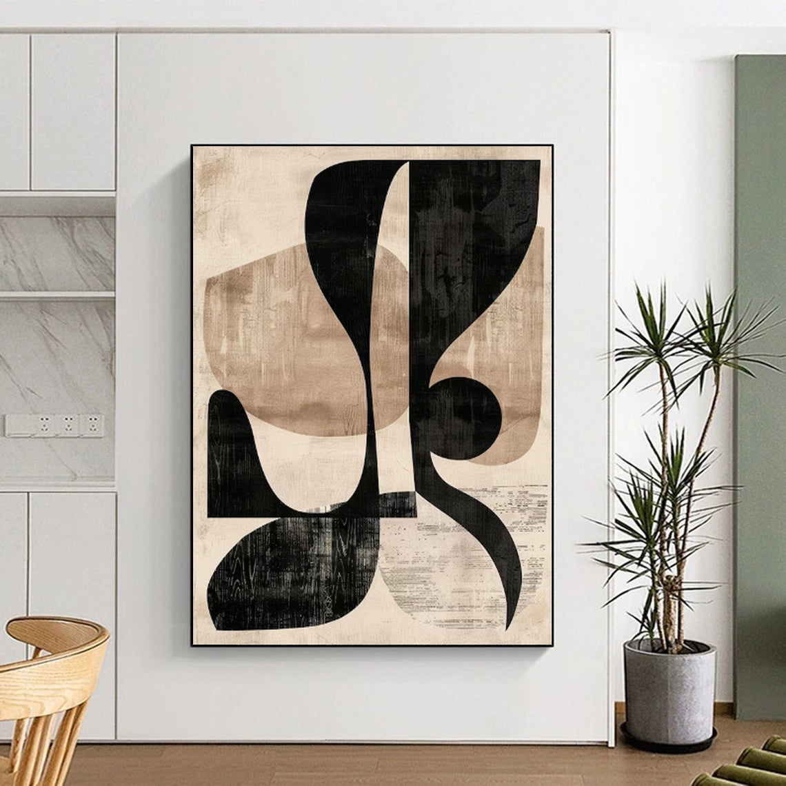 “Black & Beige Abstract Shapes: Retro Geometry” - Abstract Geometric Painting CT0385
