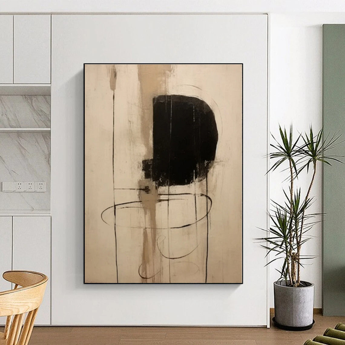 “Minimalist Black and Beige Forms”,Abstract Line - Driven Acrylic Painting CT0526