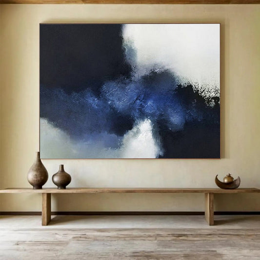 Abstract painting with large blocks of dark blue, light blue, and white CT1661