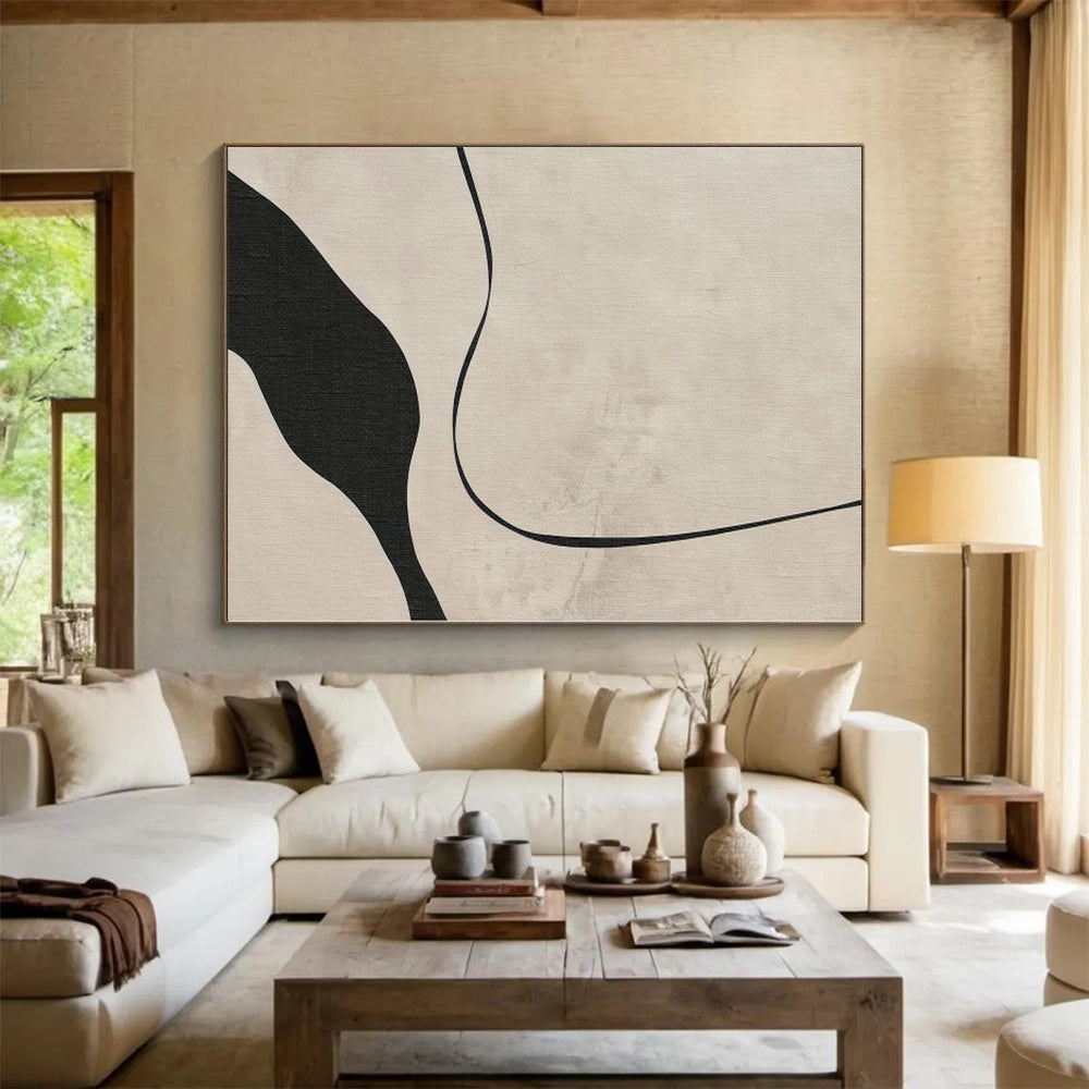 “Beige - Black Curved Lines” Minimalist Acrylic Art CT0264