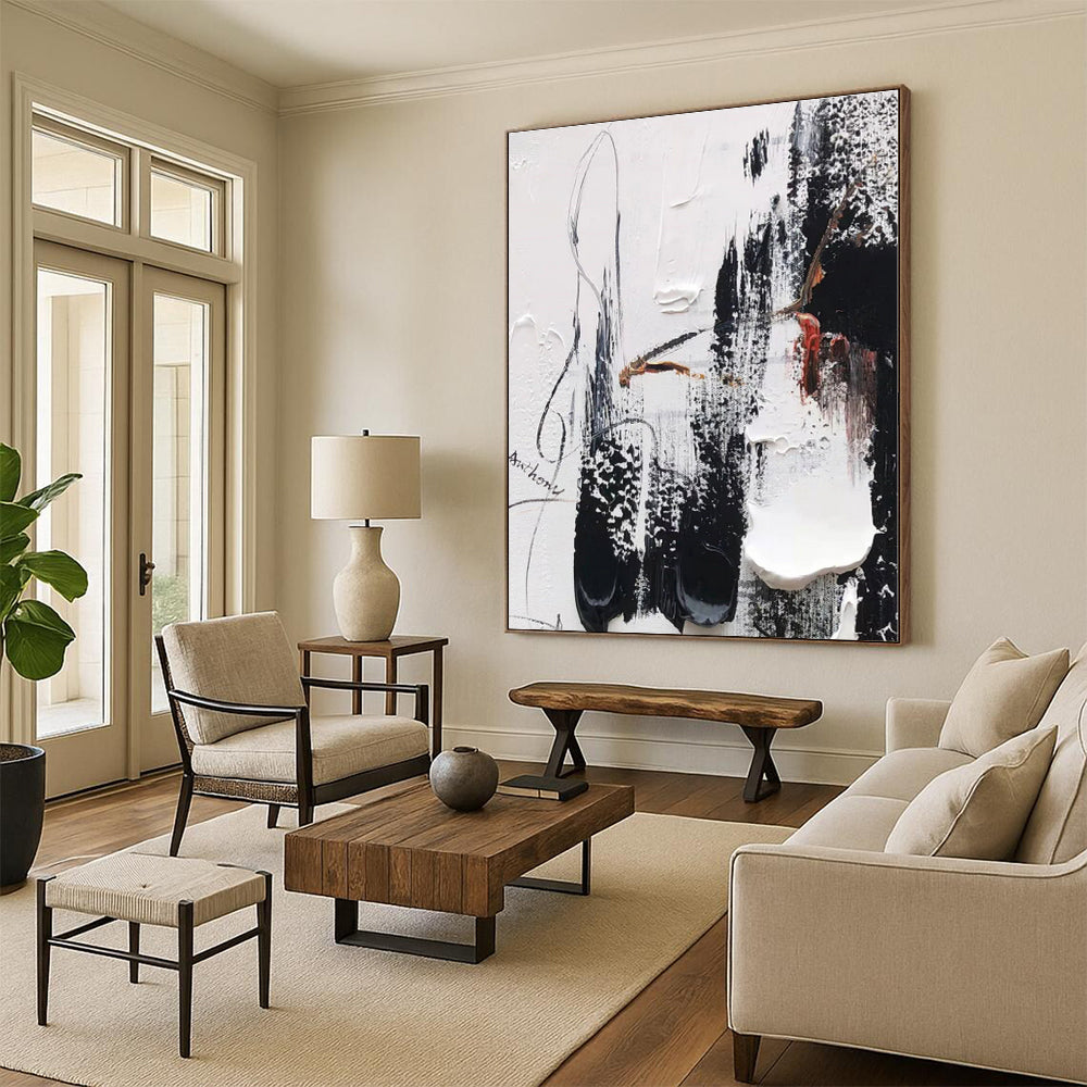 “Black - White - Red Textured Abstract” - Abstract Expressionist Art CT0510