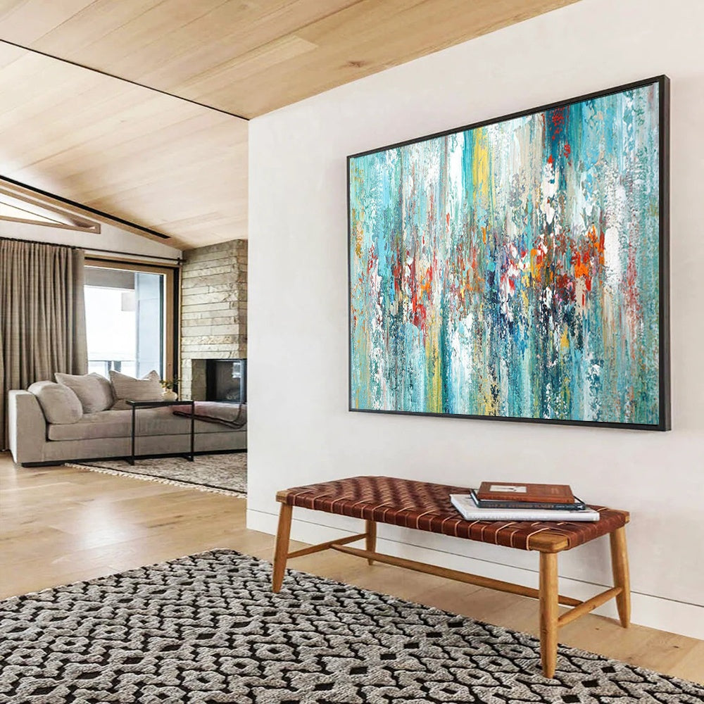 “Turquoise Cascade” - Blues, greens, pops of red/orange; vertical, flowing abstract forms CT1515