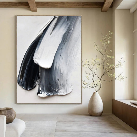 “Black - White - Gray Textured Strokes” - Minimalist Impasto Painting On Canvas DKH1676