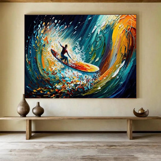 “Surfing the Color Wave” - Vibrant Multicolor Impasto Action Painting On Canvas DLZ259