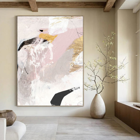“Blush & Gold Abstract Fusion” - Pink, Gold, Gray Abstract Painting On Canvas DTP211