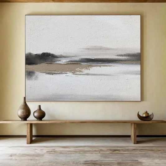 Minimalist Gray Landscape - Gray, White & Brown Landscape Painting On Canvas DKH911