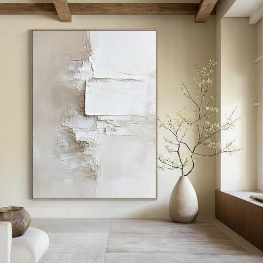 “White & Beige Layered Plaster Abstract” Painting On Canvas DKH0978