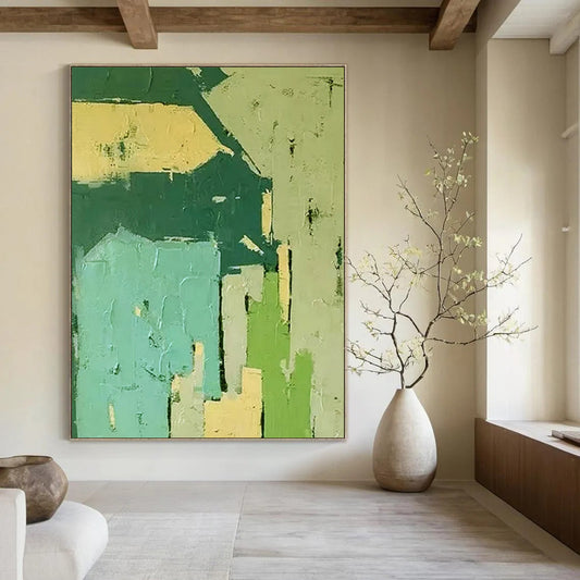 Green & Blue Geometric Blocks - Geometric Abstract Painting On Canvas CT2276