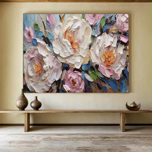 Textured Peony Blooms - Pink, White & Blue Floral Painting On Canvas DKH891