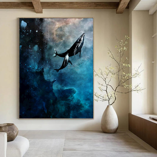 “Cosmic Whale Odyssey” - Blue, Black & White Surrealist - Inspired Painting On Canvas DKH0933