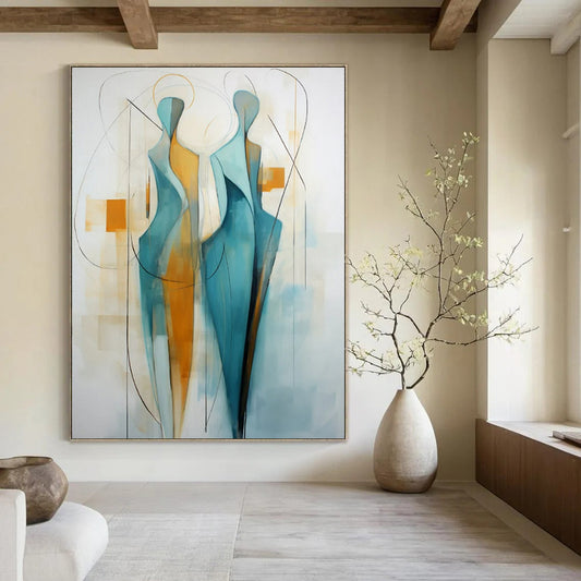 “Abstract Figures 2” - Blue, Orange & White Abstract Painting On Canvas CT2234