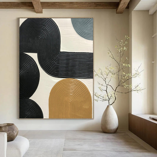 “Interlocking Ribbon Forms” - Black & Tan Textured Geometric Painting On Canvas DKH1178