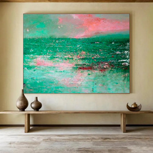 “Pink & Green Abstract Seascape” Abstract Expressionist Painting On Canvas DKH398