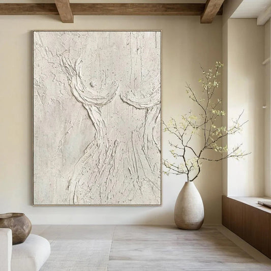 “White Textured Abstract Tree Form” Painting On Canvas DKH0989