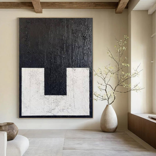 “Textured Black - White ‘U’” – Minimalist Textured Painting CT1077
