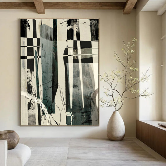 “Checkerboard Abstract Fusion” - Black, White, Gray Abstract Painting On Canvas DTP218