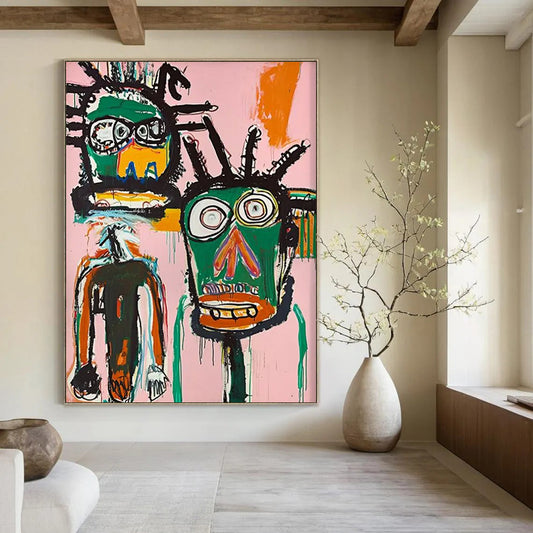 “Dual Tribal Figures on Pink” - Basquiat - Inspired Street Art Painting On Canvas DTP106