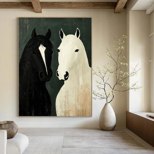 “Two Horses Portrait” - Black, White & Green Folk - Art - Style Painting On Canvas DKH1003