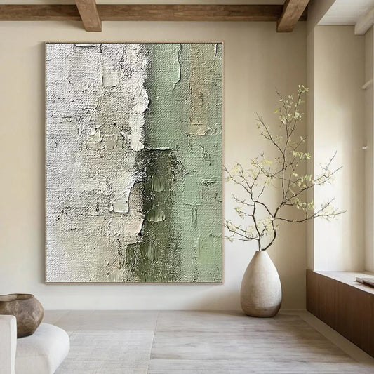 “Textured Green & White Abstract” - Green, White & Gray Minimalist Painting On Canvas DKH1002