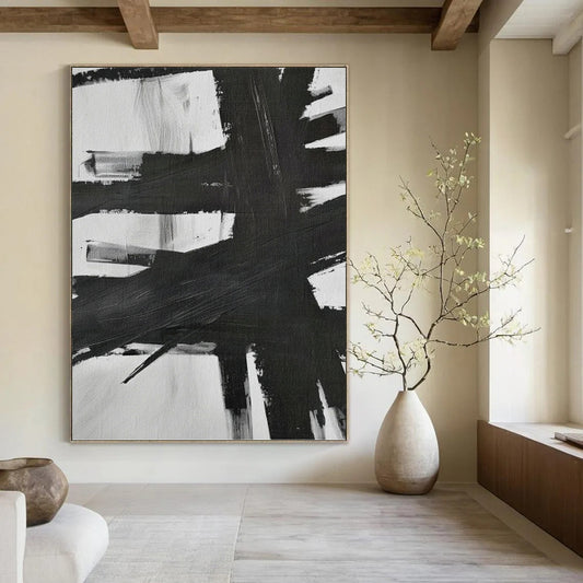 Black & White Bold Strokes - Dynamic Clash Painting On Canvas DKH1154