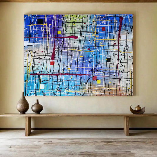 “Colorful Line Grid Abstract” - Vibrant Abstract Painting On Canvas DKH849