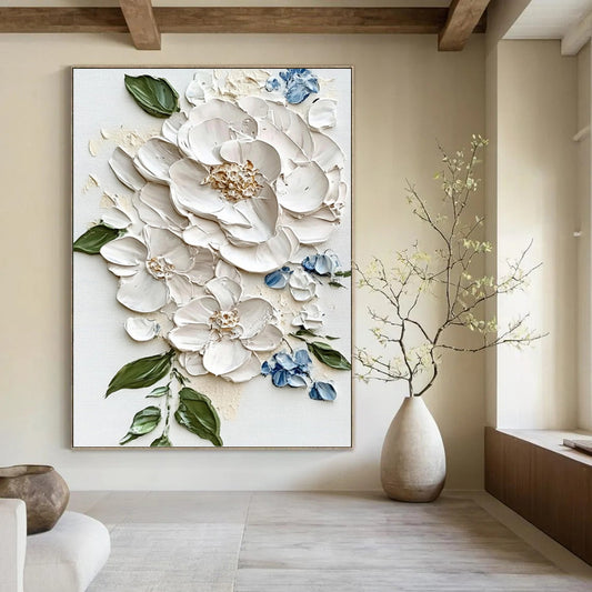 White Peony and Blue Accent Impasto - Textured Floral Painting On Canvas DKH1388