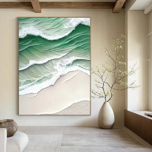 “Green - White Wave Aerial” - Green, White, Beige Coastal Aerial Painting On Canvas DTP290