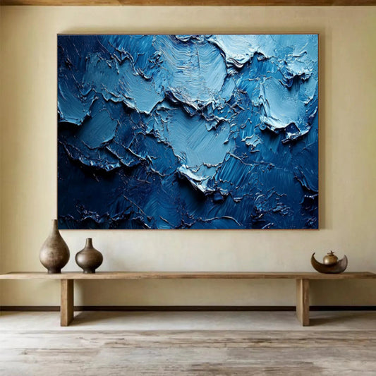 “Cobalt Textured Waves” - Blue, Dark Blue Impasto Abstract Painting On Canvas DKH758