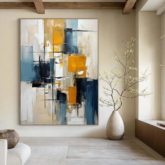 Bold Yellows, Blues & Neutrals, Dynamic Lines - "Urban Energy" - Abstract Oil Painting CT1452