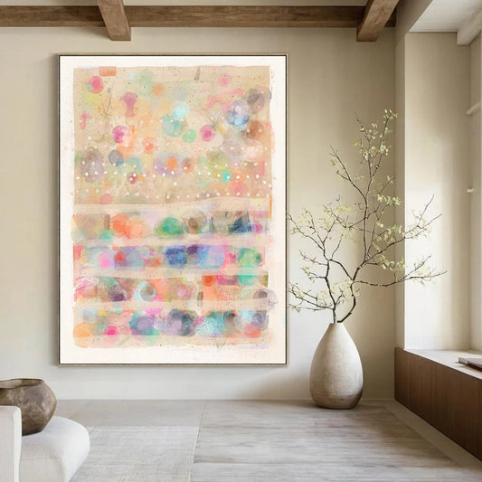 Pastel Dots, Striped Layers - "Dreamy Dotscape" - Mixed - media Abstract Art CT1827