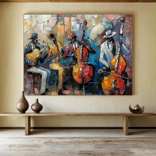 “Colorful Jazz Band” - Vibrant Multicolor Figurative Painting On Canvas DKH761