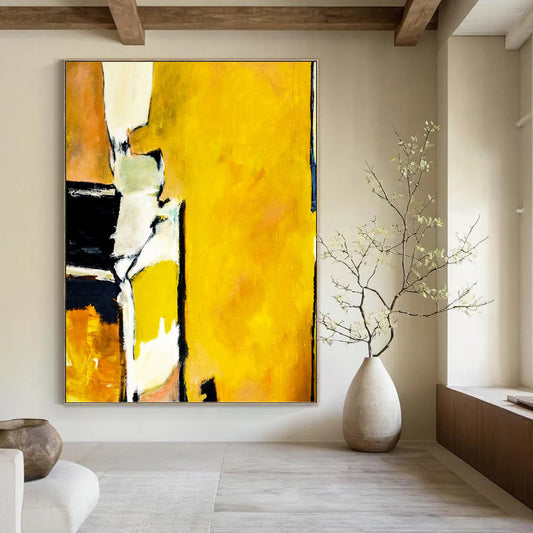 “Yellow - Focused Abstract with Black and White Contrasts” - Bold Abstract Painting On Canvas DKH1101