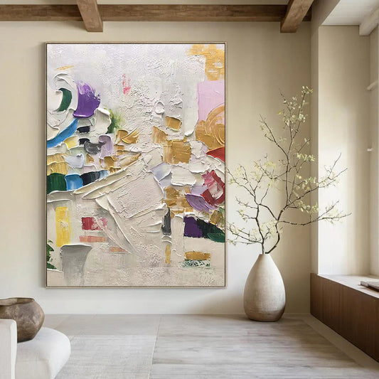 “Vibrant Impasto Mosaic” - White, Gold, Purple, Blue & Red Lively Textured Painting On Canvas DKH1035