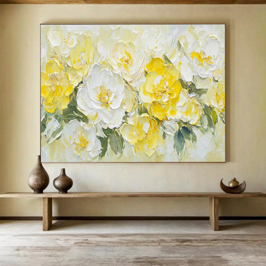 “Sunny Blooms” - Yellow, White Floral Impasto Painting On Canvas DKH696