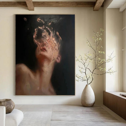 “Black, Beige, Gold Abstract Portrait ‘Ethereal Face’” - Textured Figurative Painting On Canvas DTP315