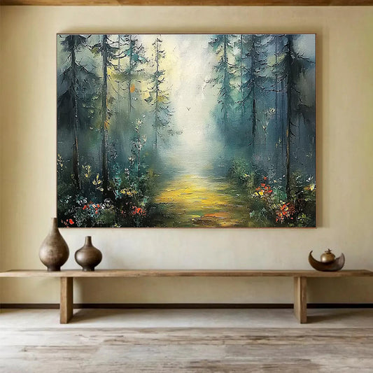 Misty Forest Path - Green & Yellow Landscape Painting On Canvas DKH871