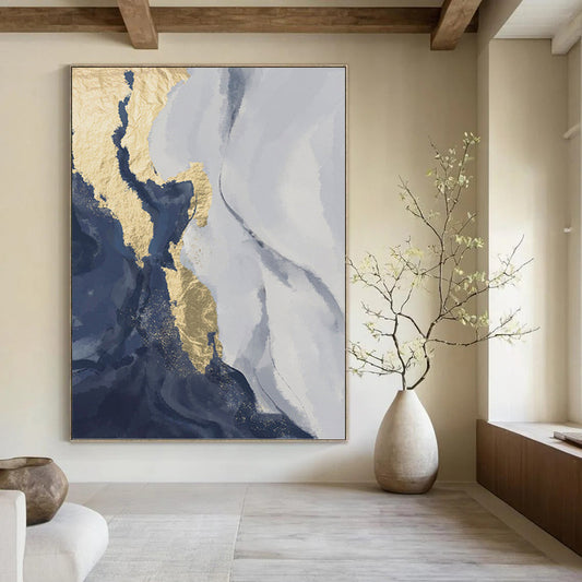 “Gilded Currents” - Blue, Gold & Gray Abstract Waves Painting On Canvas DKH1514